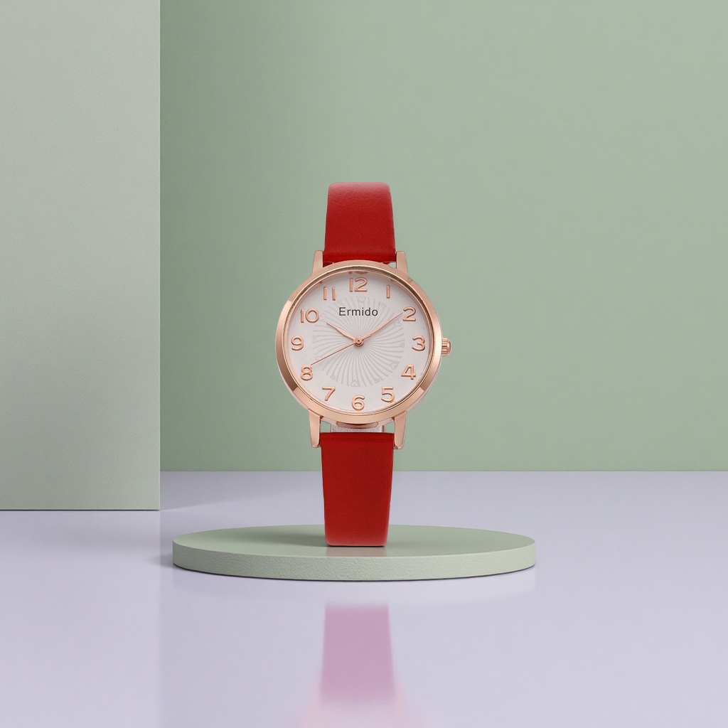 Ladies' watch with a red strap, rose gold case and white dial