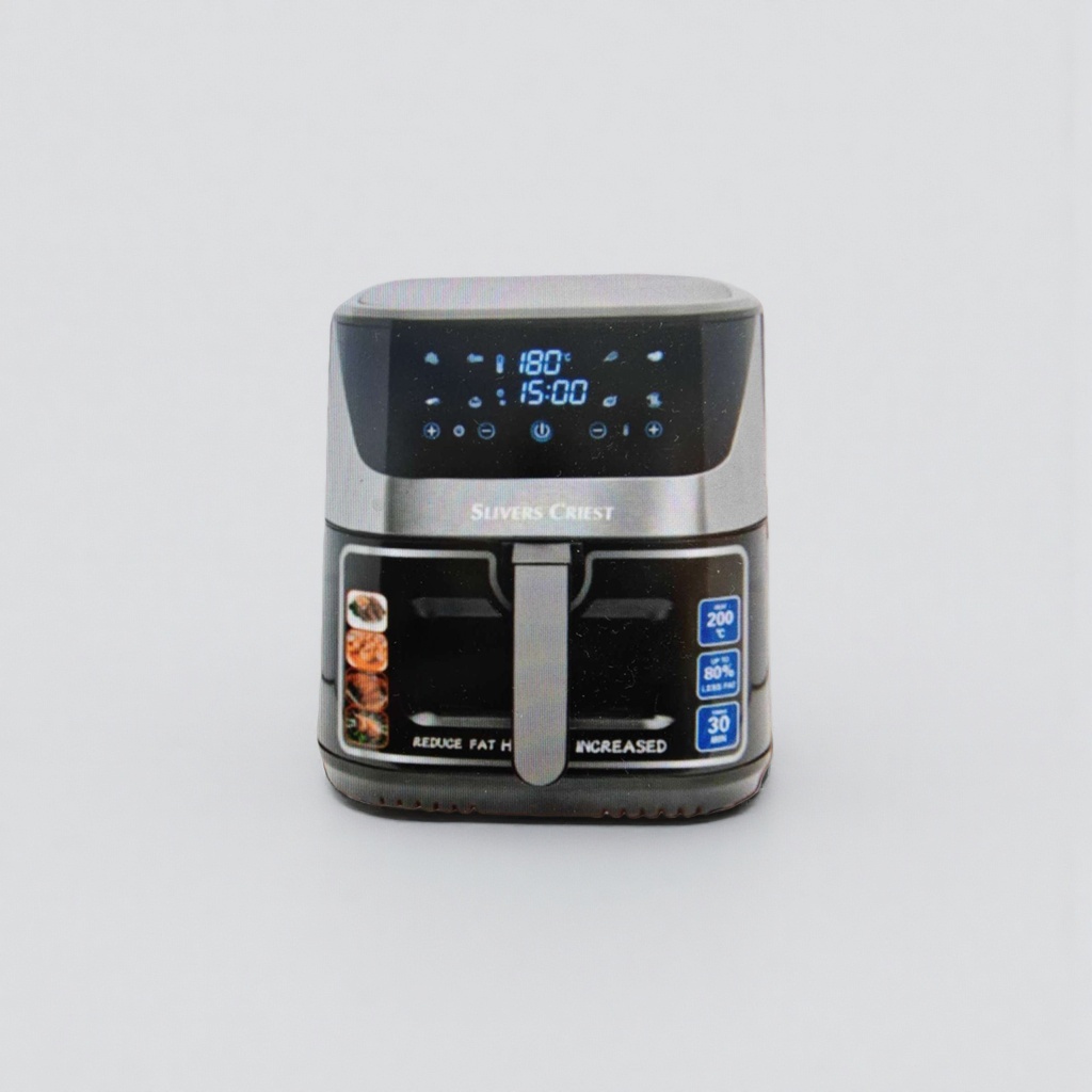 Silver and black air fryer, a household smart multi-functional oil-free fryer Application Scenario