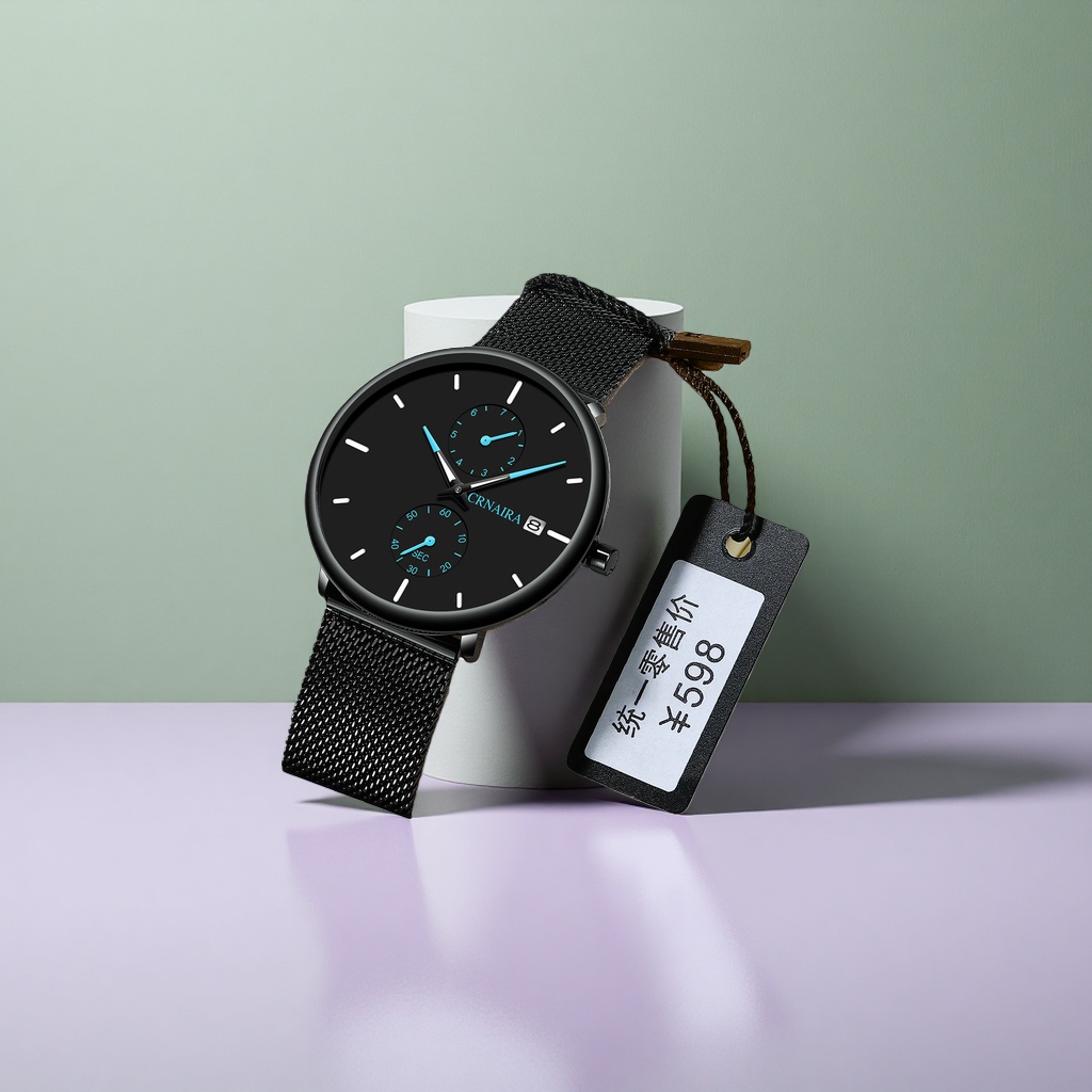 The watch features a black dial with a metal mesh strap and is packaged in a beige leather box Application Scenario