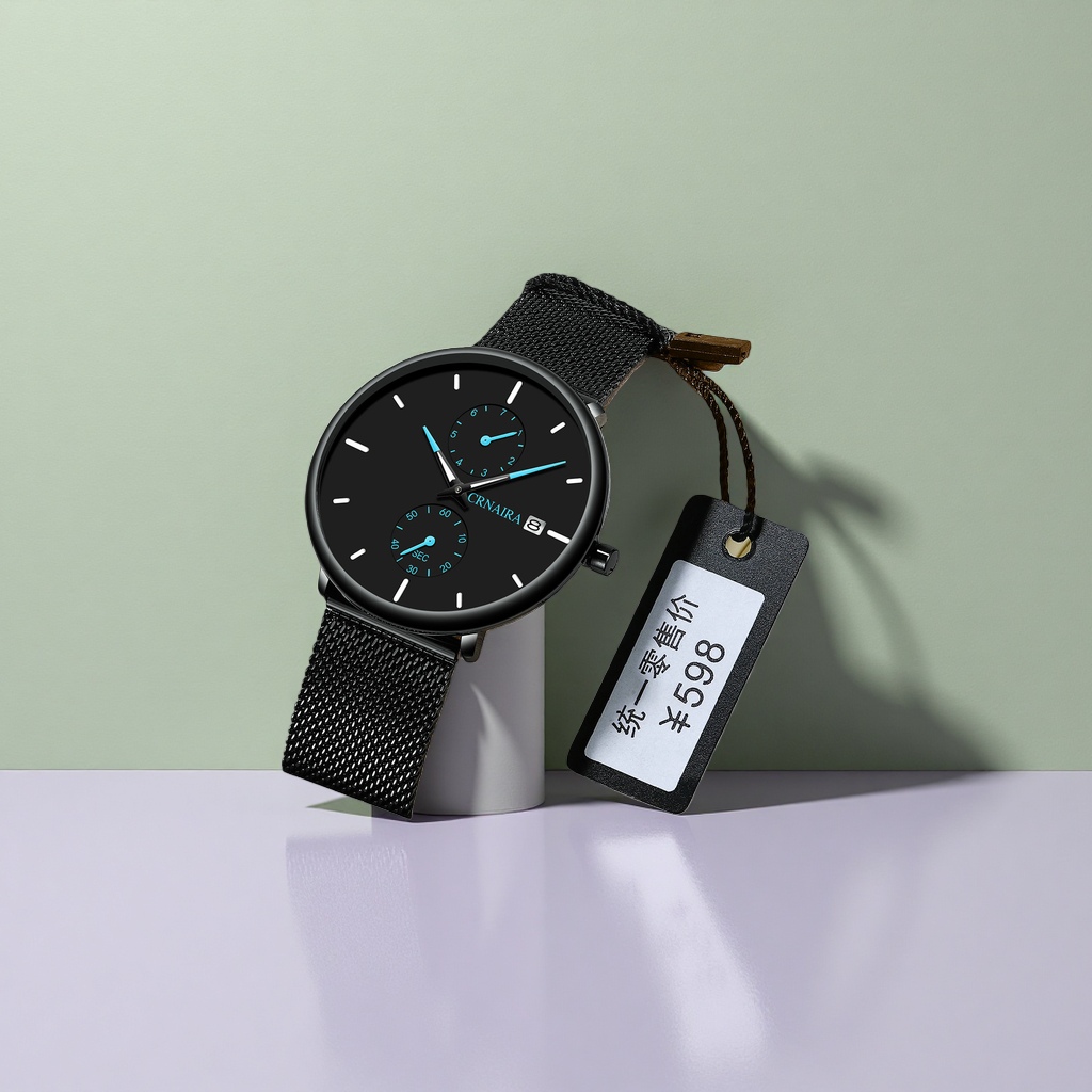 The watch features a black dial with a metal mesh strap and is packaged in a beige leather box details Picture