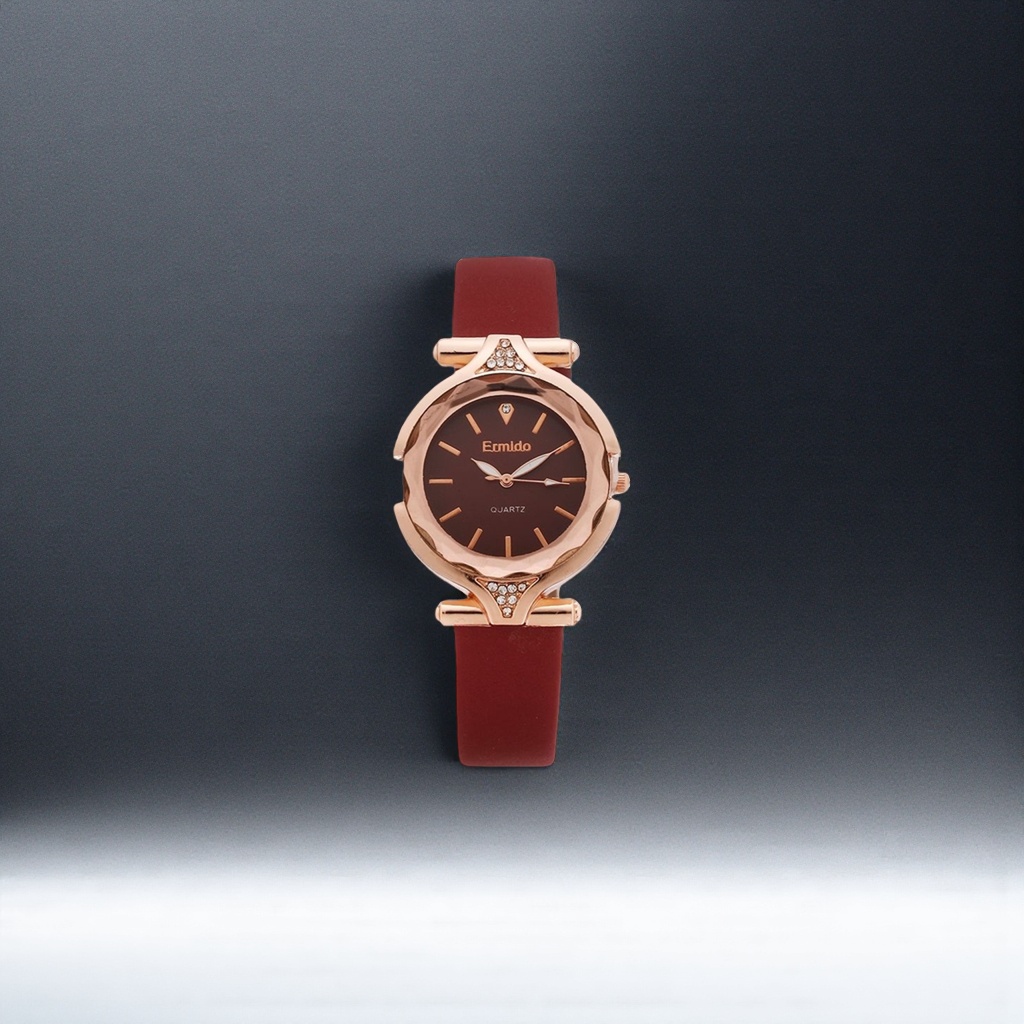 Ladies' quartz watch with rose gold case and wine red strap Specification image