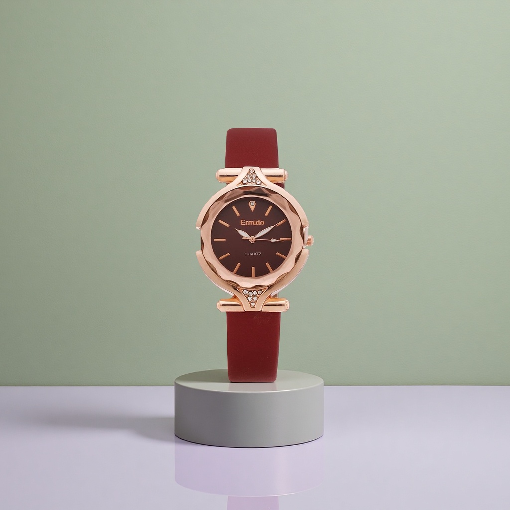 Ladies' quartz watch with rose gold case and wine red strap details Picture