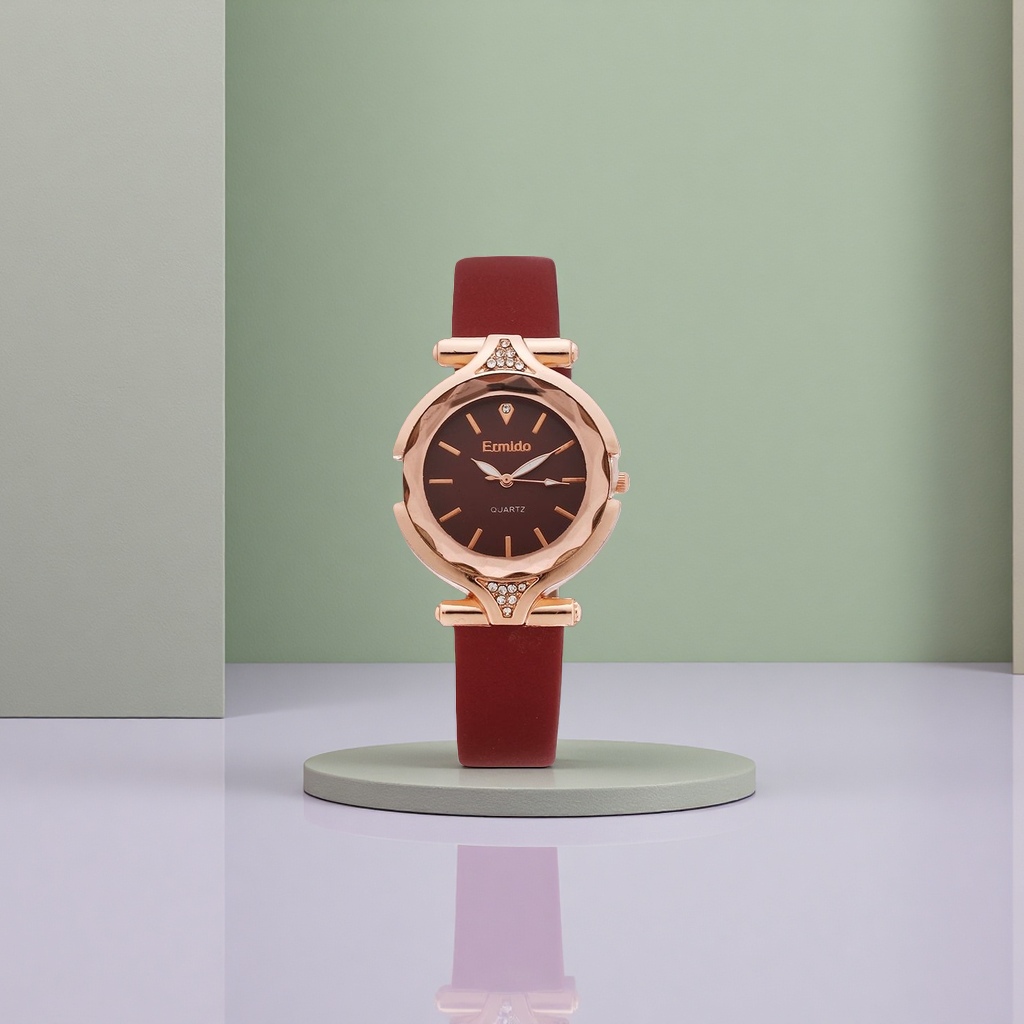 Ladies' quartz watch with rose gold case and wine red strap