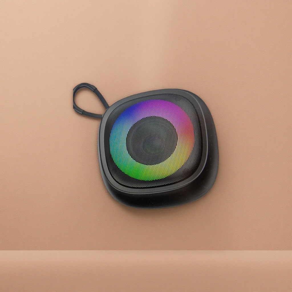 Black portable speaker with a colorful ring-shaped light effect on the front and Bluetooth wireless mini speaker