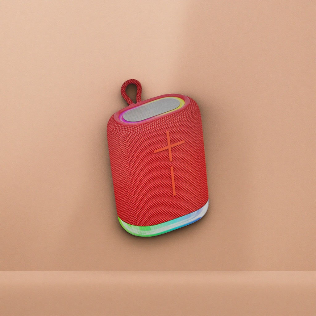 The portable, waterproof and 360-degree surround sound Bluetooth speaker with a red fabric shell