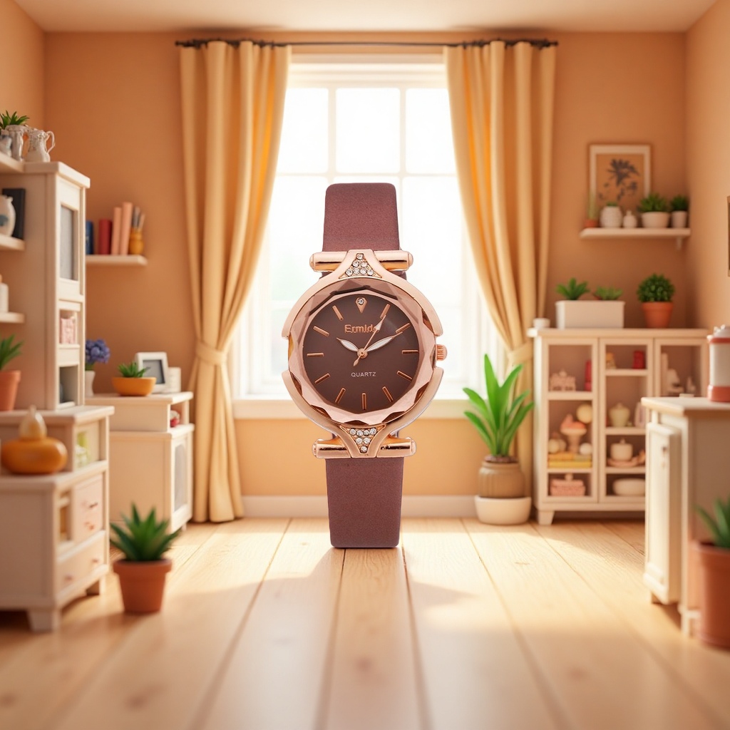 Ladies' watch with rose gold case, brown dial and genuine leather strap Specification image