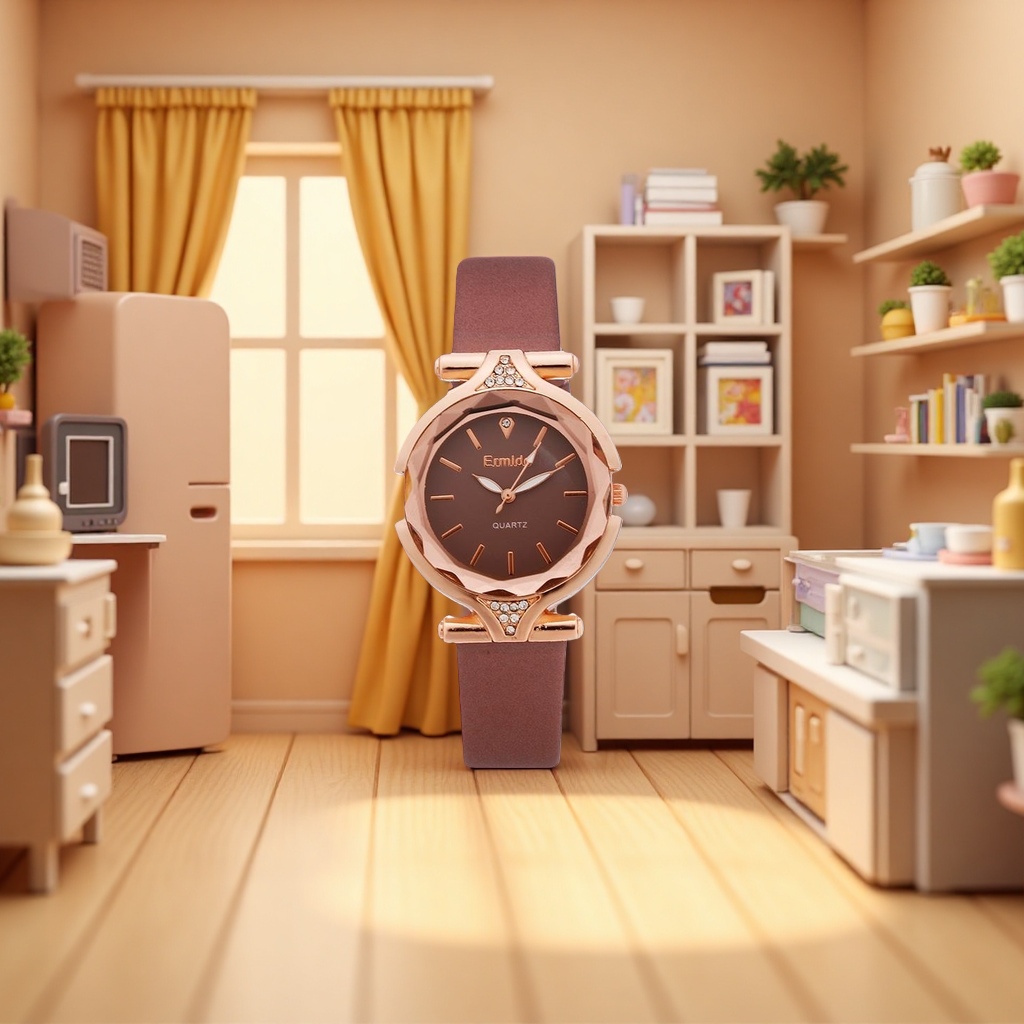 Ladies' watch with rose gold case, brown dial and genuine leather strap details Picture