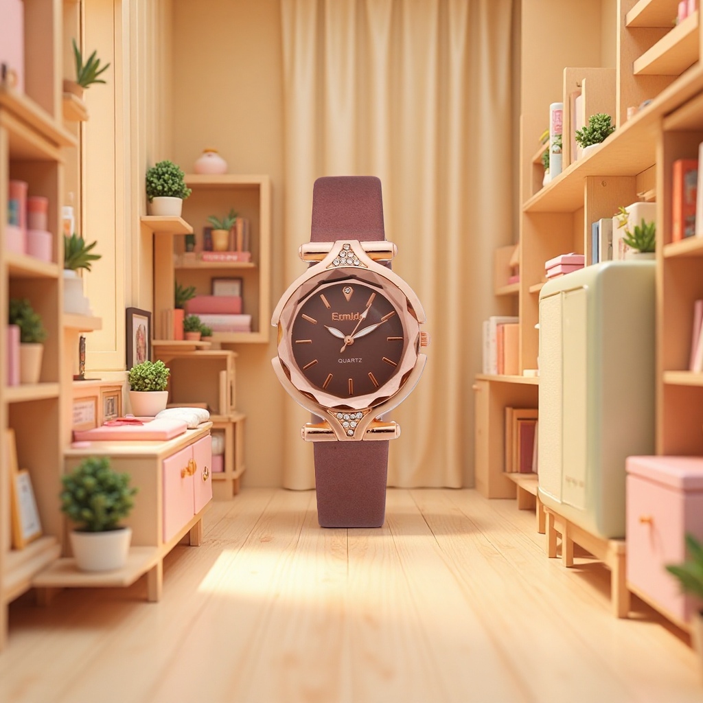 Ladies' watch with rose gold case, brown dial and genuine leather strap