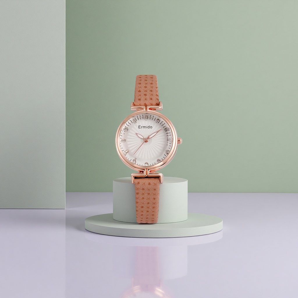 A rose gold case, white dial and diamond-encrusted ladies' watch