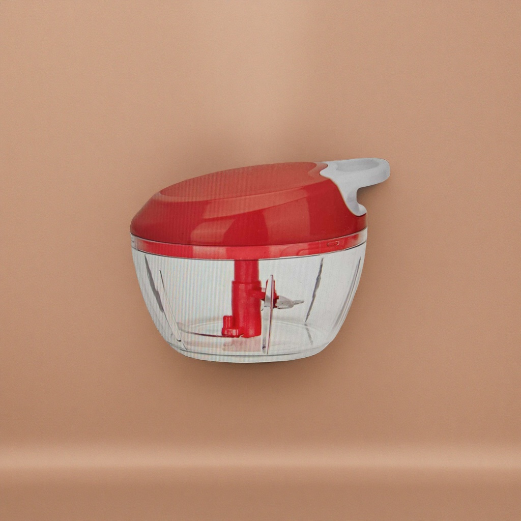 Household meat grinder with a red lid and transparent bowl body