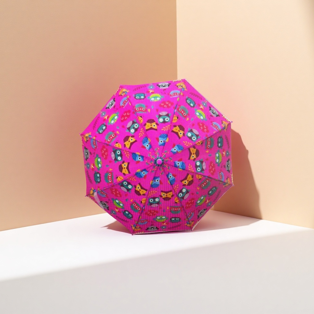 Pink owl-patterned all-weather umbrella, waterproof, sun-proof, lightweight and foldable ladies' umbrella details Picture