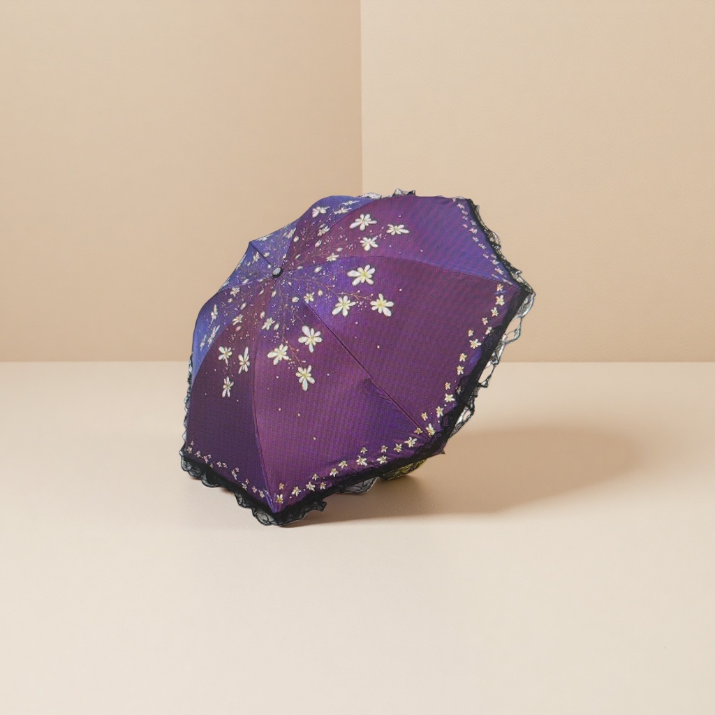 Purple floral lace edge folding umbrella for both weather and rain, waterproof and sun-proof, lightweight ladies' umbrella Application Scenario