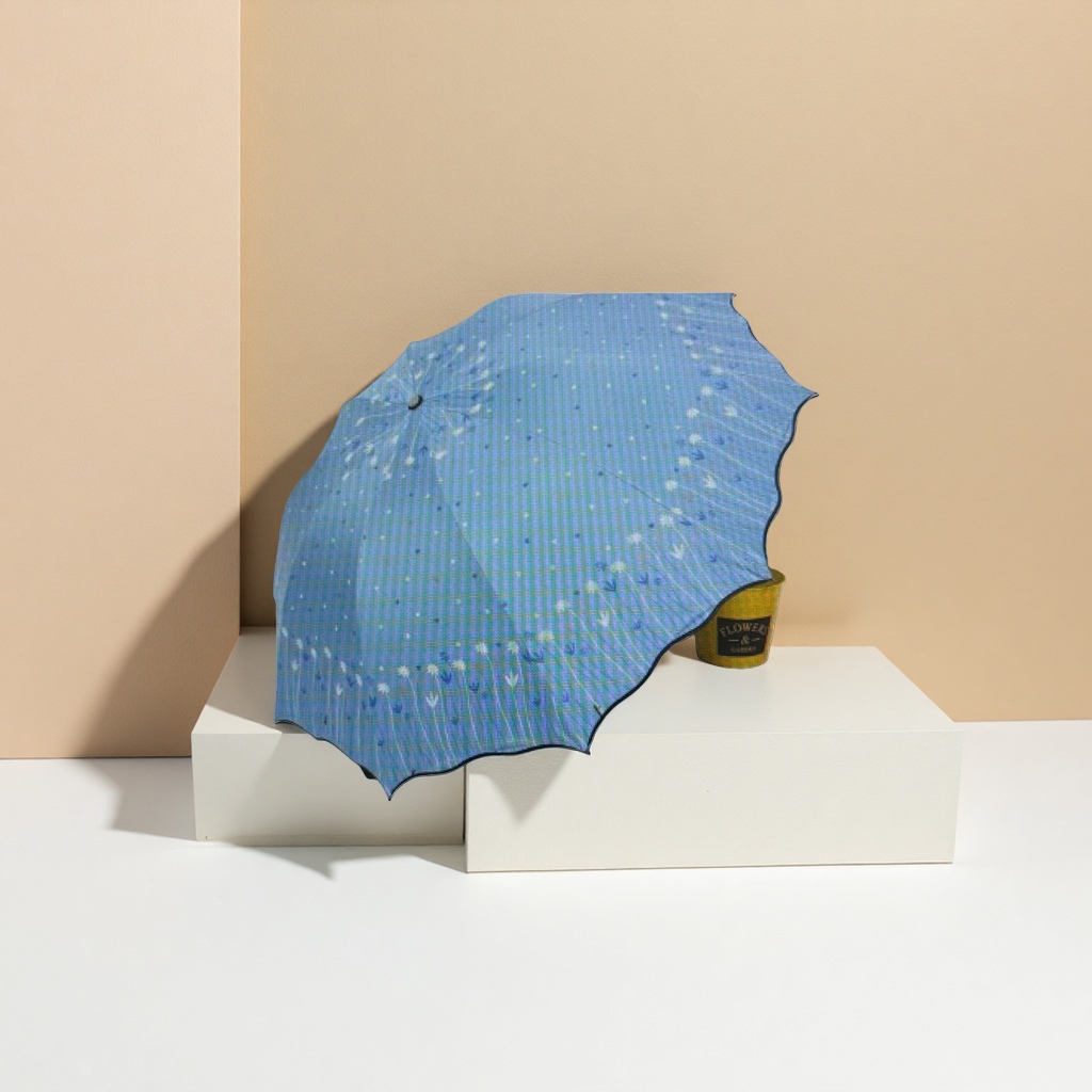 蓝色波浪边晴雨两用伞 防水防晒轻便折叠女士专用