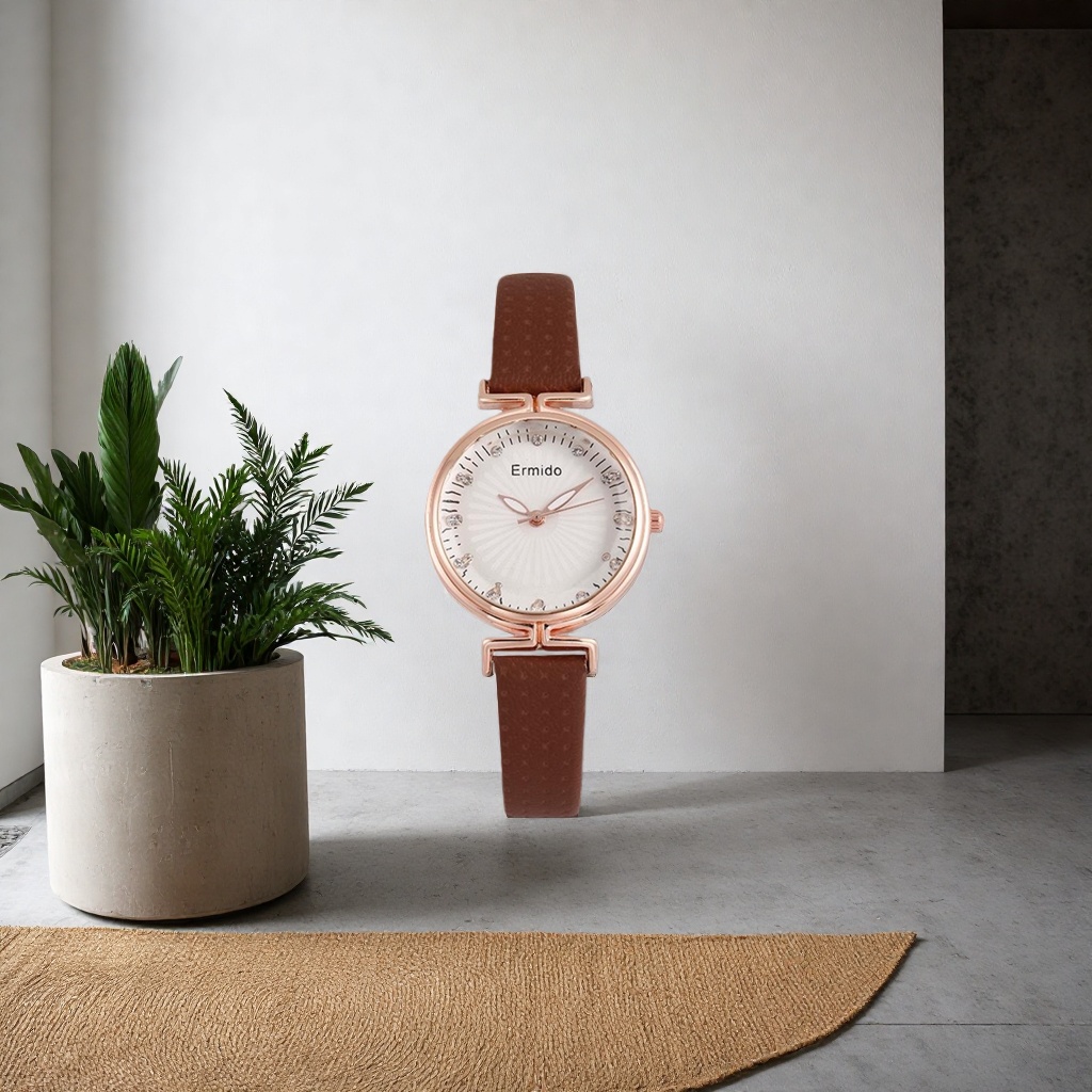This brown leather strap rose gold ladies' watch is fashionable, light luxury, simple and versatile details Picture