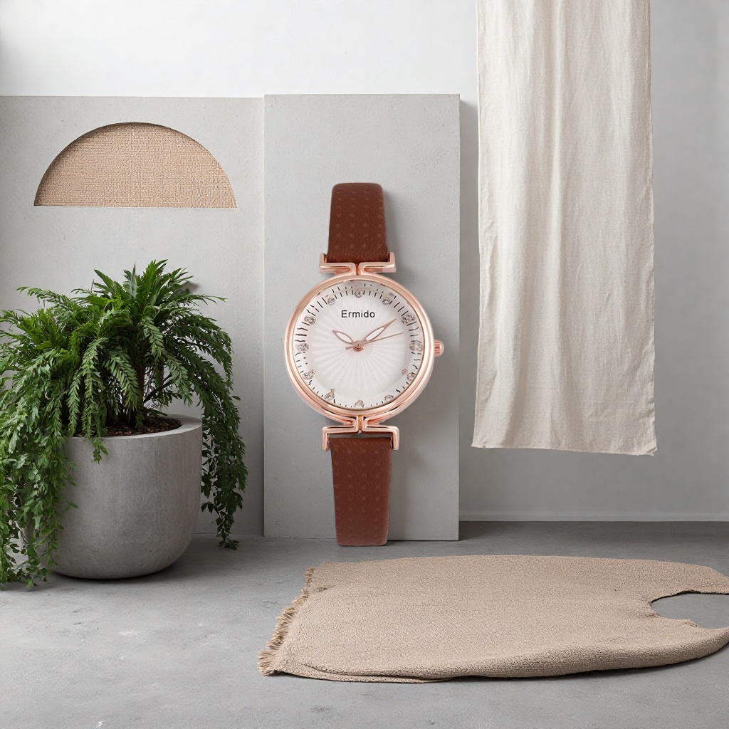 This brown leather strap rose gold ladies' watch is fashionable, light luxury, simple and versatile Specification image