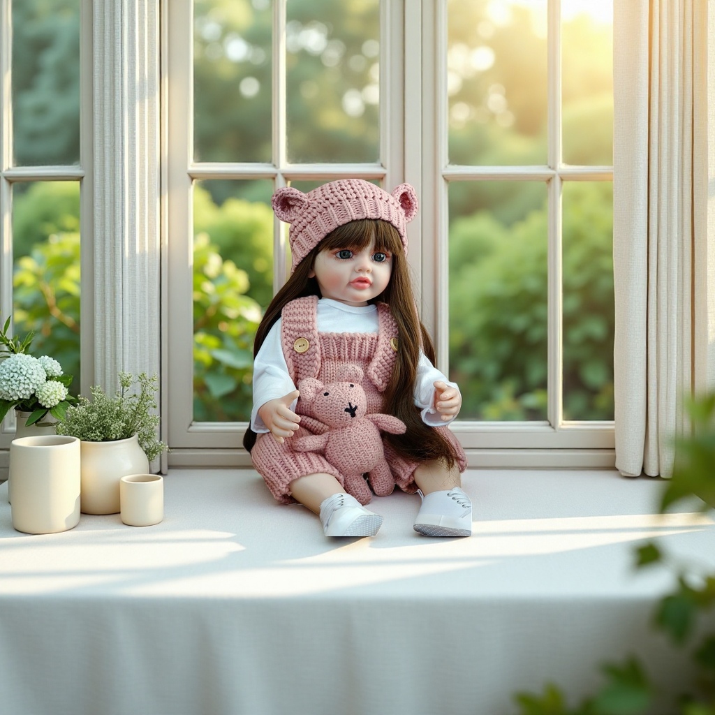 Gorro de oreja de oso de punto rosa con pantalón de espalda rosa manga larga blanca forrado en el interior zapatos blancos abrazadera rosa muñeca oso Application Scenario