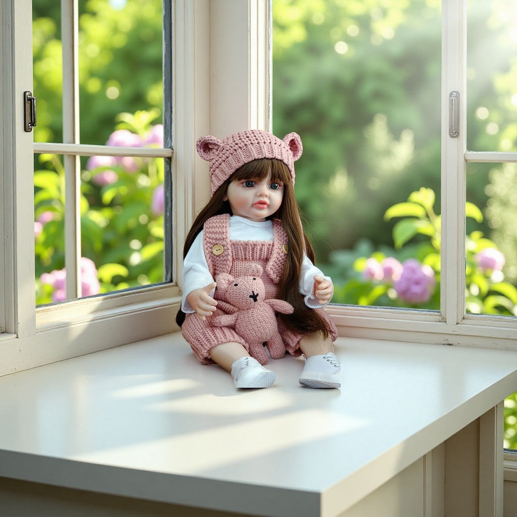 Gorro de oreja de oso de punto rosa con pantalón de espalda rosa manga larga blanca forrado en el interior zapatos blancos abrazadera rosa muñeca oso Specification image