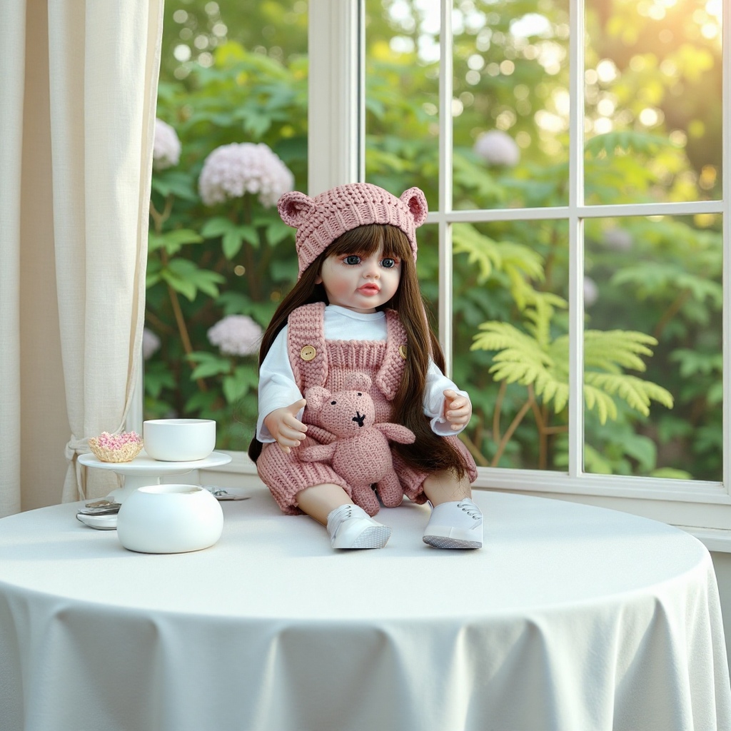 Gorro de oreja de oso de punto rosa con pantalón de espalda rosa manga larga blanca forrado en el interior zapatos blancos abrazadera rosa muñeca oso