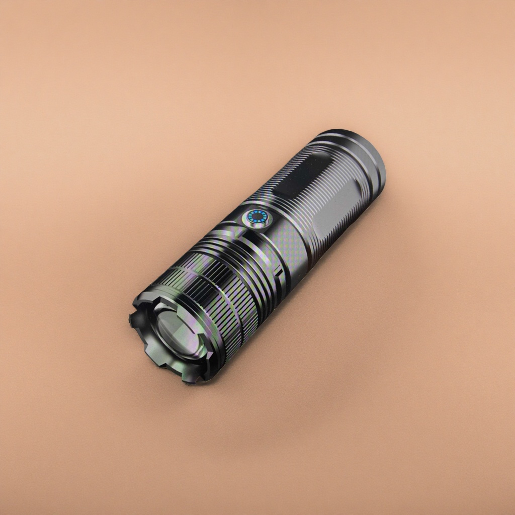 Black metal texture flashlight, high-intensity rechargeable portable LED outdoor lighting Specification image