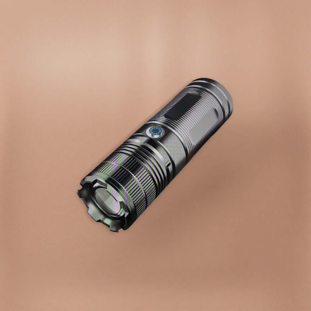 Black metal texture flashlight, high-intensity rechargeable portable LED outdoor lighting details Picture