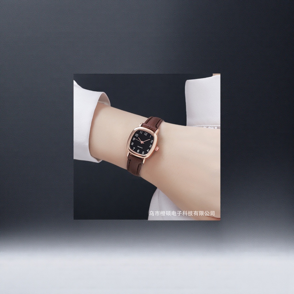 Brown leather strap rose gold square watch, a fashionable and light luxury ladies' wristwatch