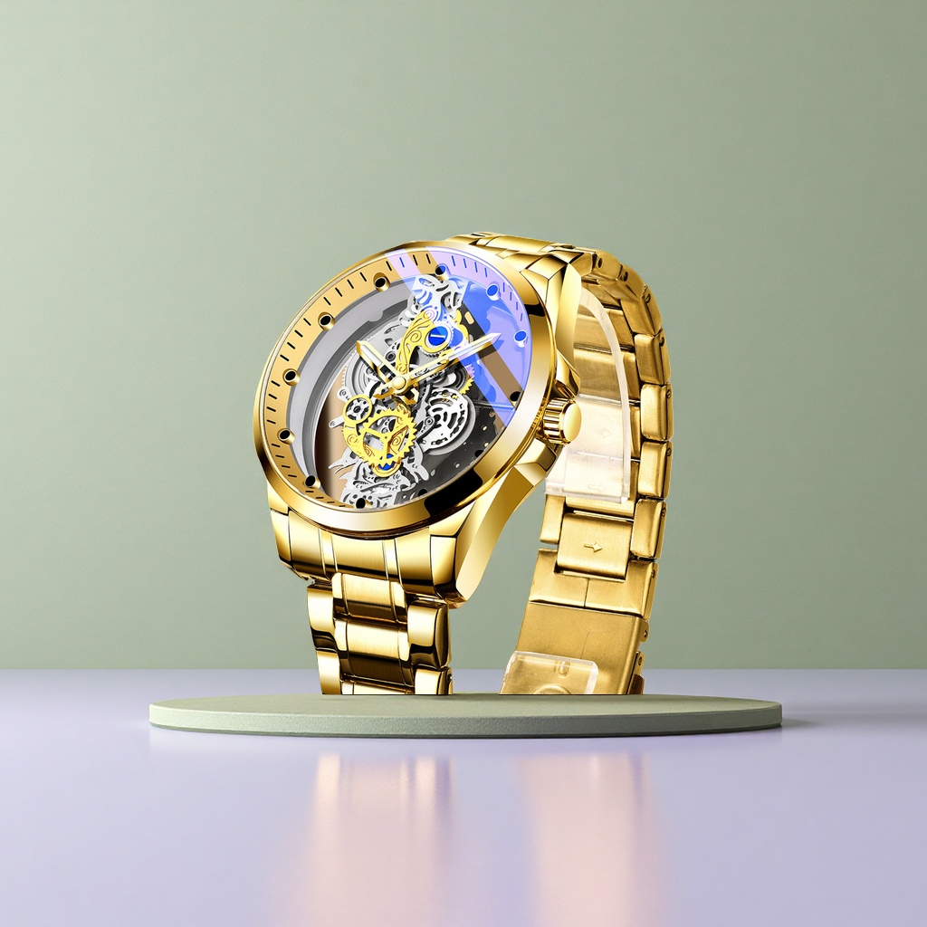 Gold mechanical watch men's automatic winding simple business wristwatch