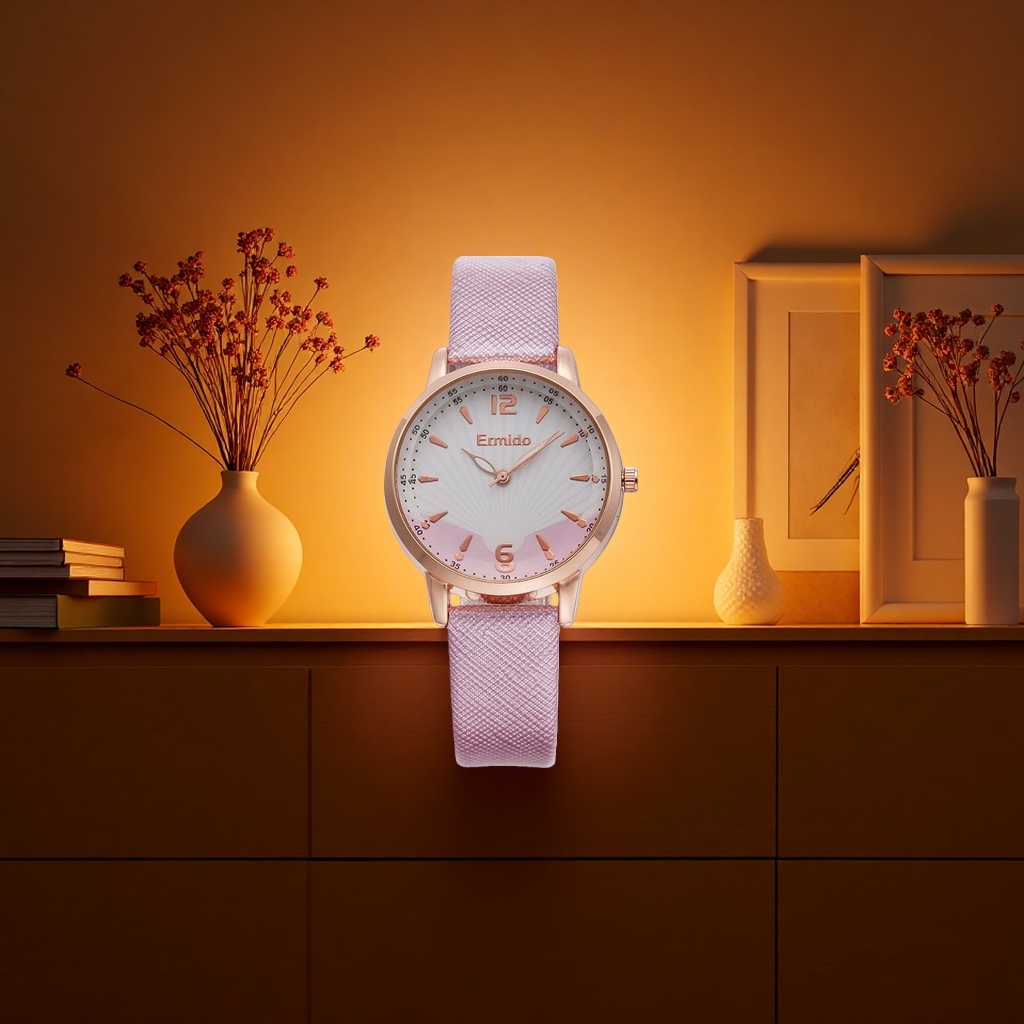 القشرة الذهبية الوردية مع سطوح السليكون الوردي مع سطوح أبيض بسيط من ساعة الكوارتز Specification image