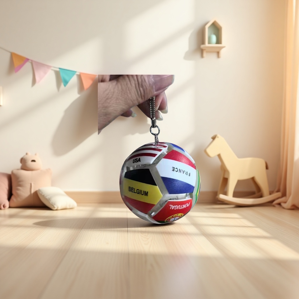 A small and portable metal-textured keychain with a colorful national flag football in hand