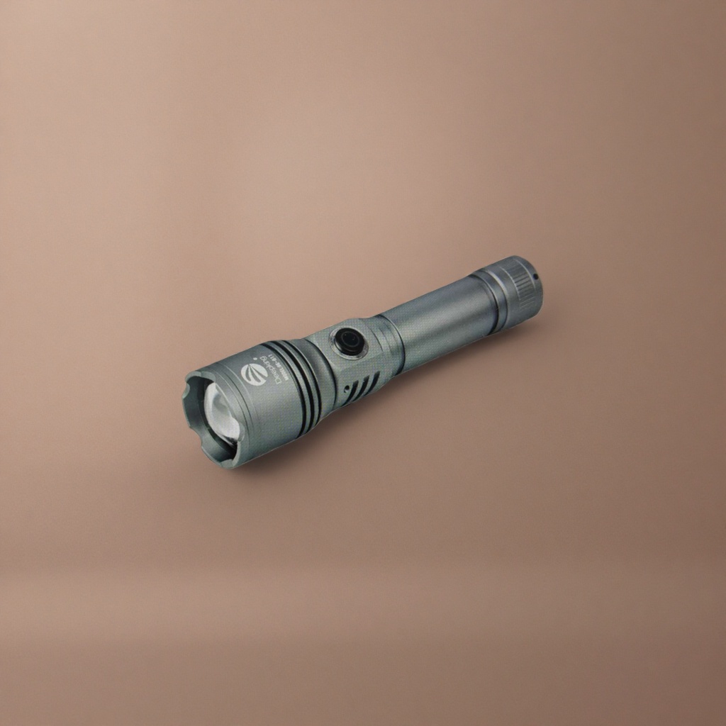 A portable LED charging flashlight with a strong light, waterproof and wear-resistant, featuring a grey metal casing Application Scenario