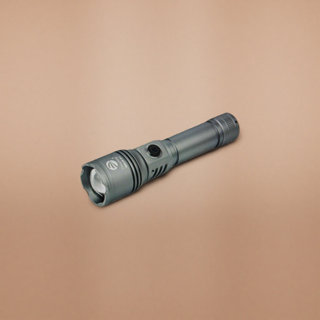 A portable LED charging flashlight with a strong light, waterproof and wear-resistant, featuring a grey metal casing details Picture