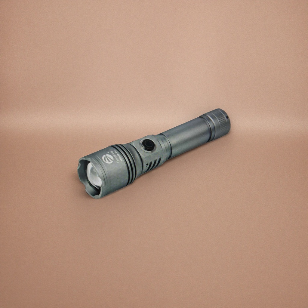 A portable LED charging flashlight with a strong light, waterproof and wear-resistant, featuring a grey metal casing Specification image