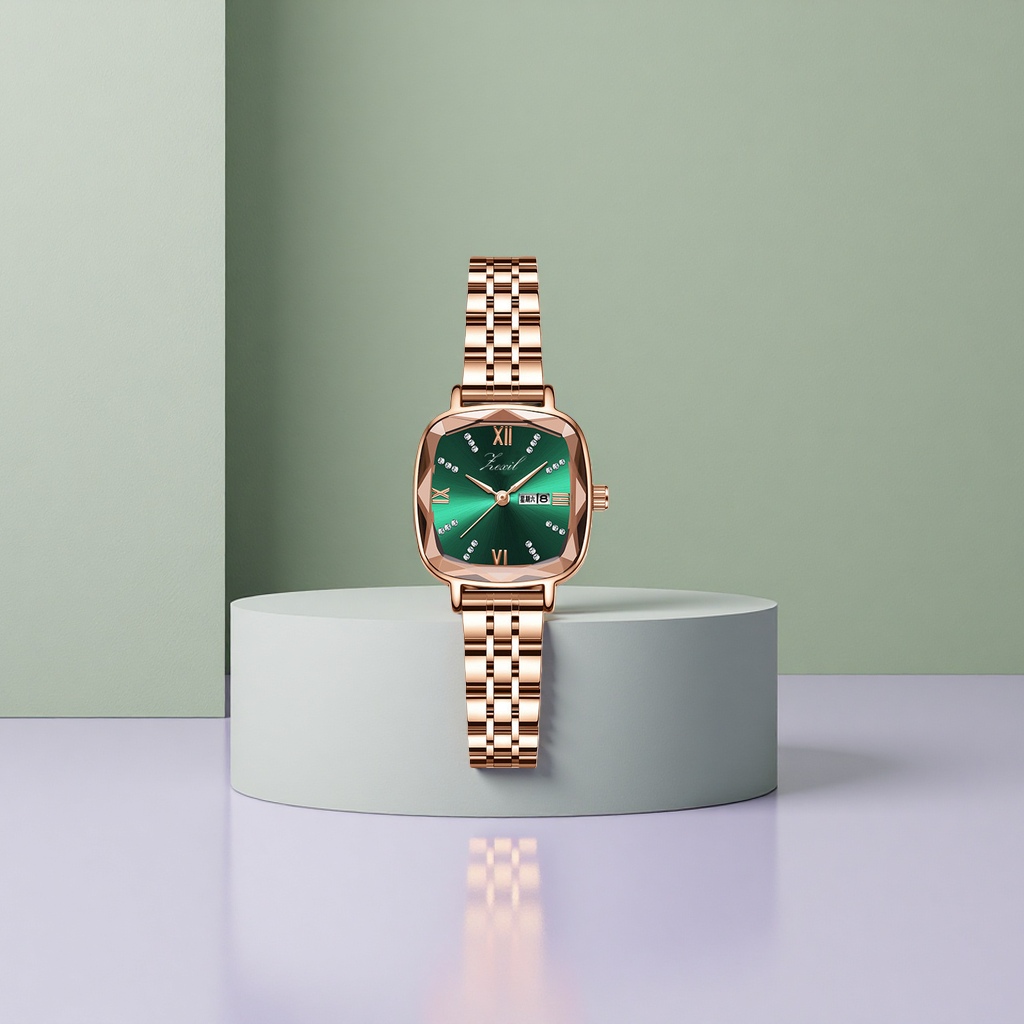 Rose gold quartz ladies' watch with a green dial