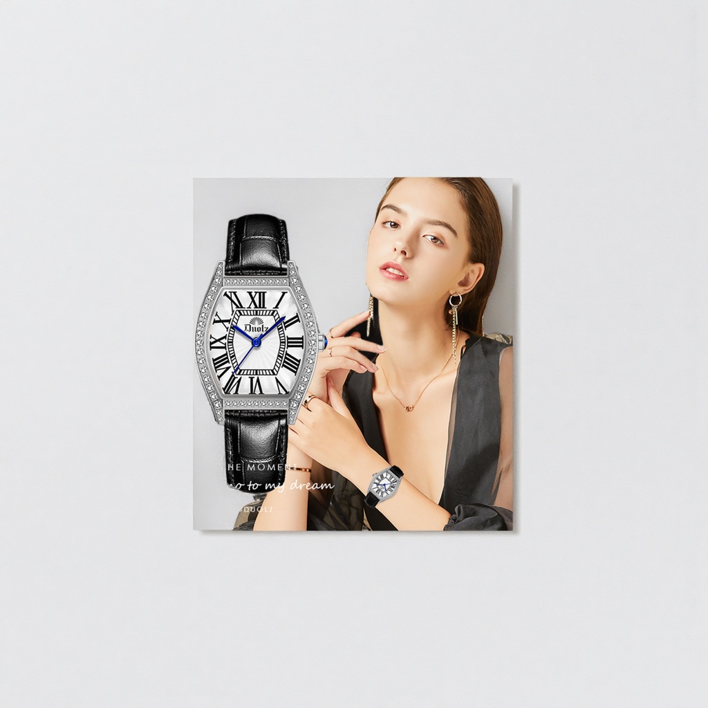 A black leather strap with diamond-encrusted Roman numeral ladies' watch