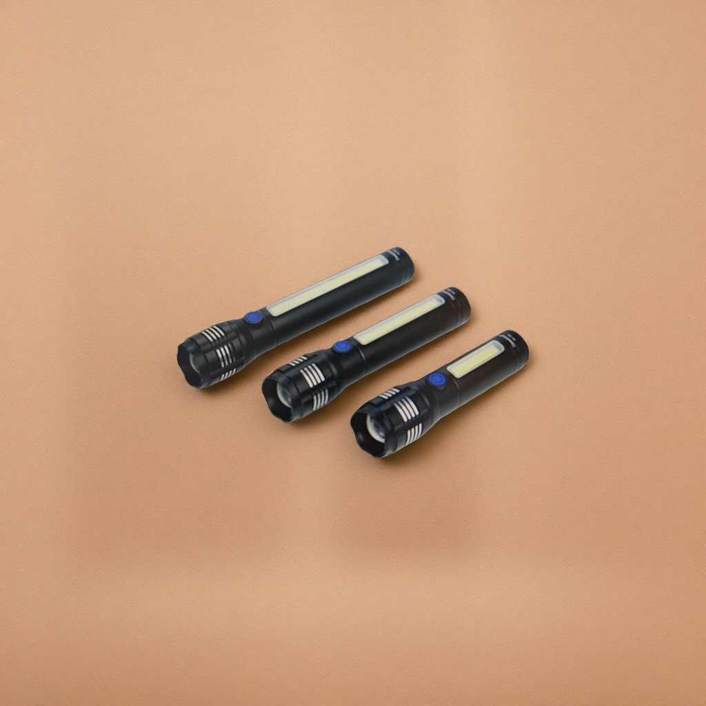 Three black flashlights are displayed side by side with blue button LED light strips Application Scenario