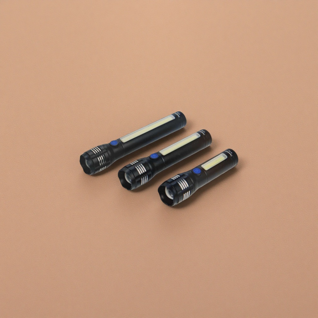 Three black flashlights are displayed side by side with blue button LED light strips details Picture