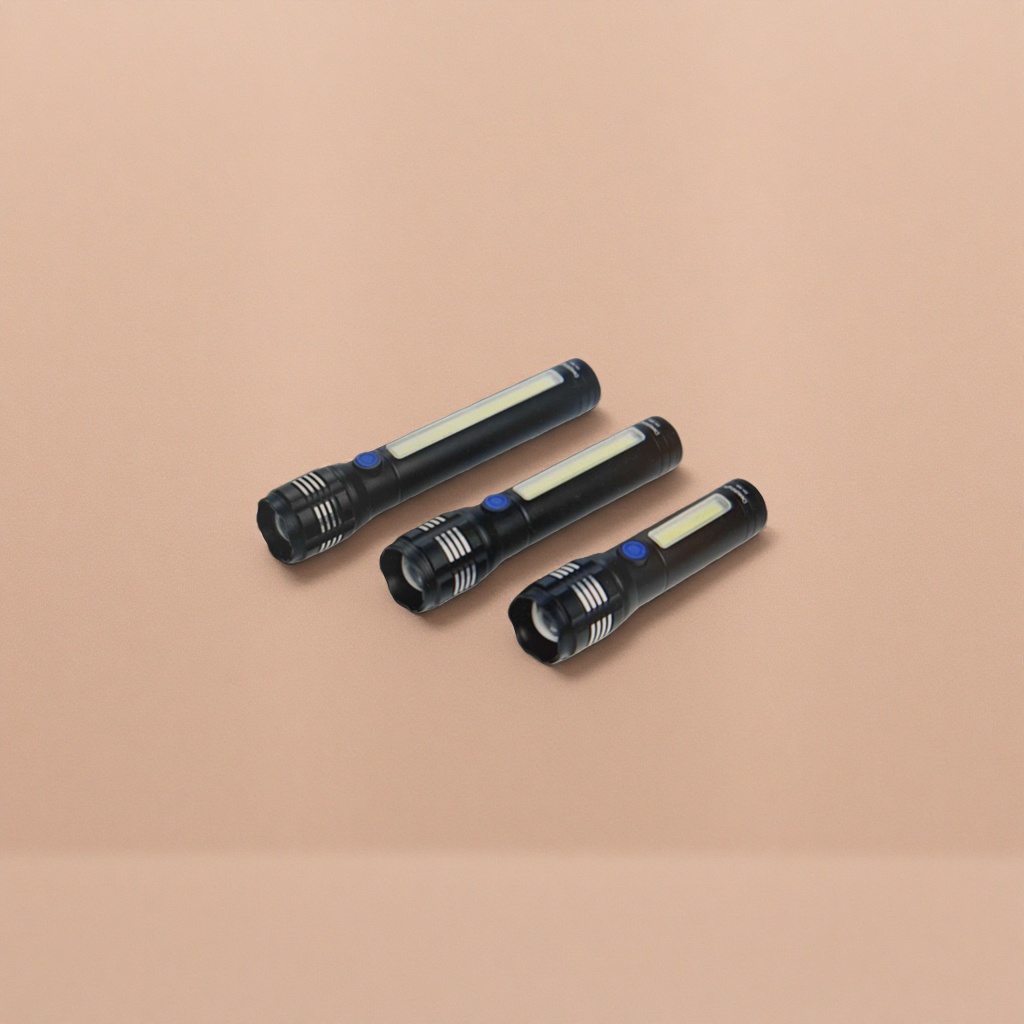 Three black flashlights are displayed side by side with blue button LED light strips Specification image