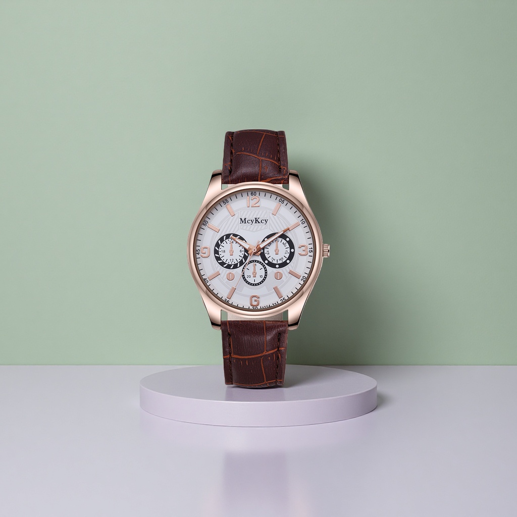 A ladies' watch with a brown leather strap, rose gold case and white dial Specification image