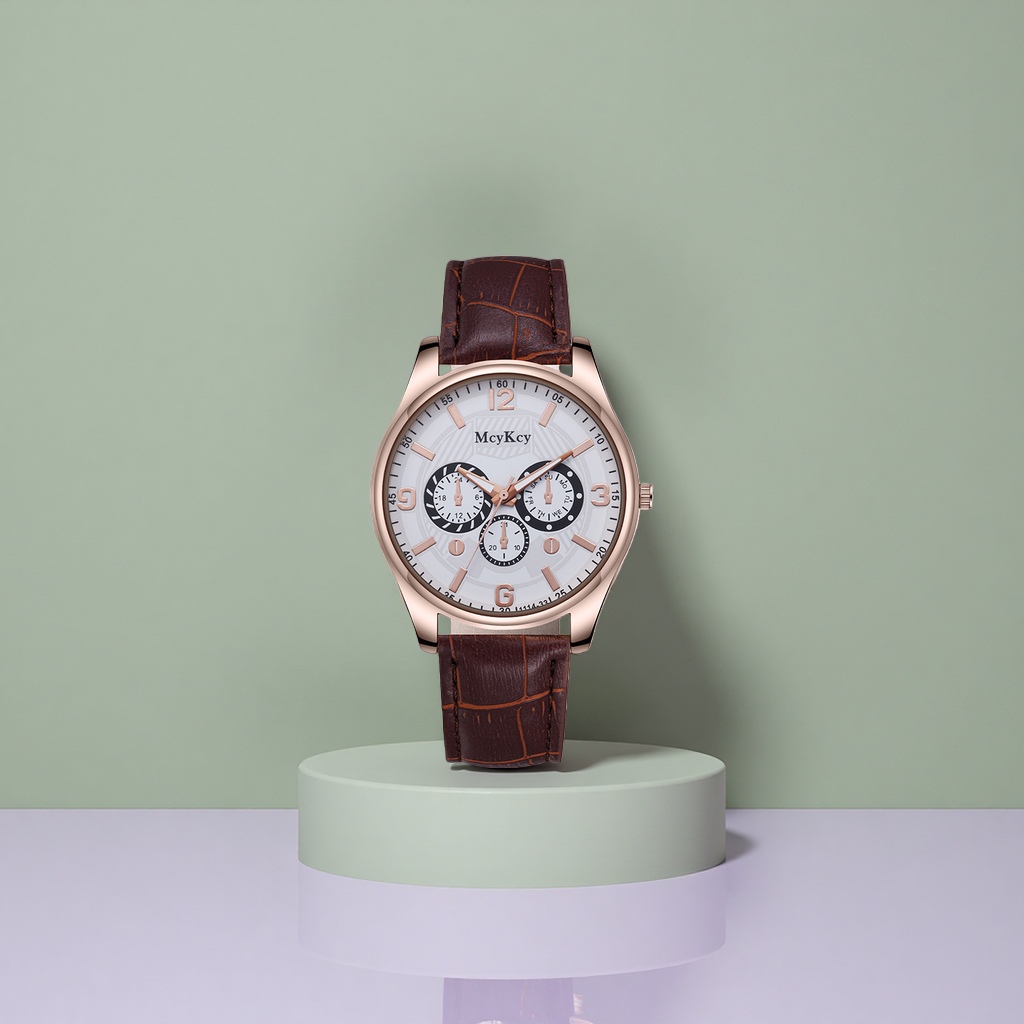 A ladies' watch with a brown leather strap, rose gold case and white dial Application Scenario