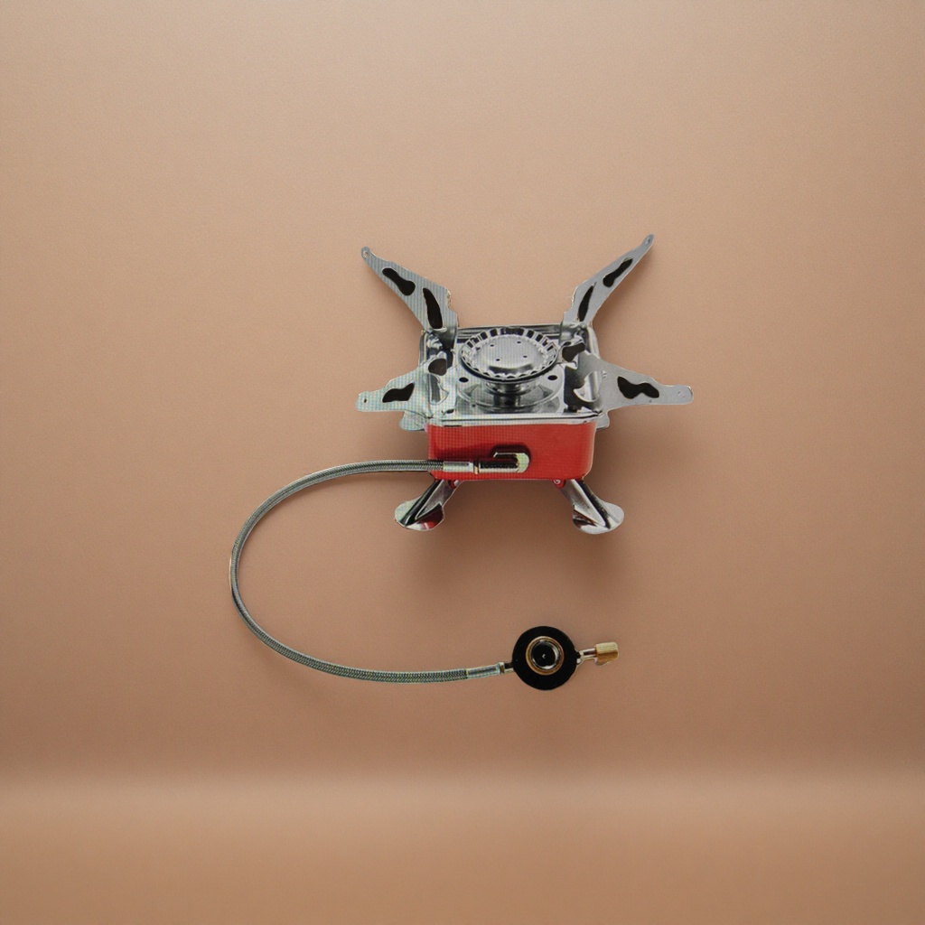 The red portable gas stove is equipped with a metal stand and a hose fitting details Picture