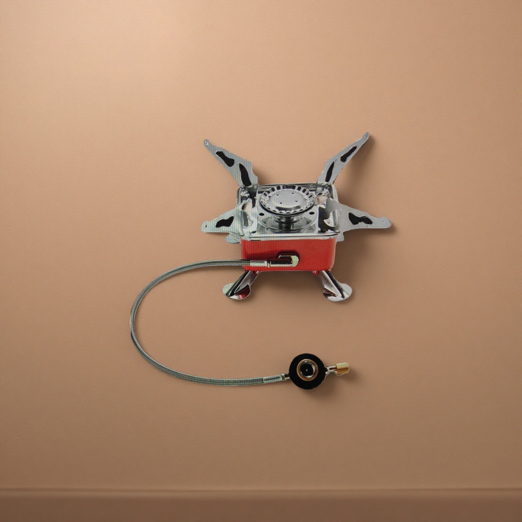 The red portable gas stove is equipped with a metal stand and a hose fitting Application Scenario