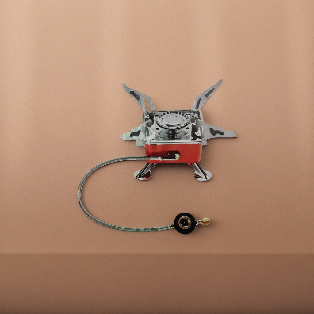 The red portable gas stove is equipped with a metal stand and a hose fitting Specification image