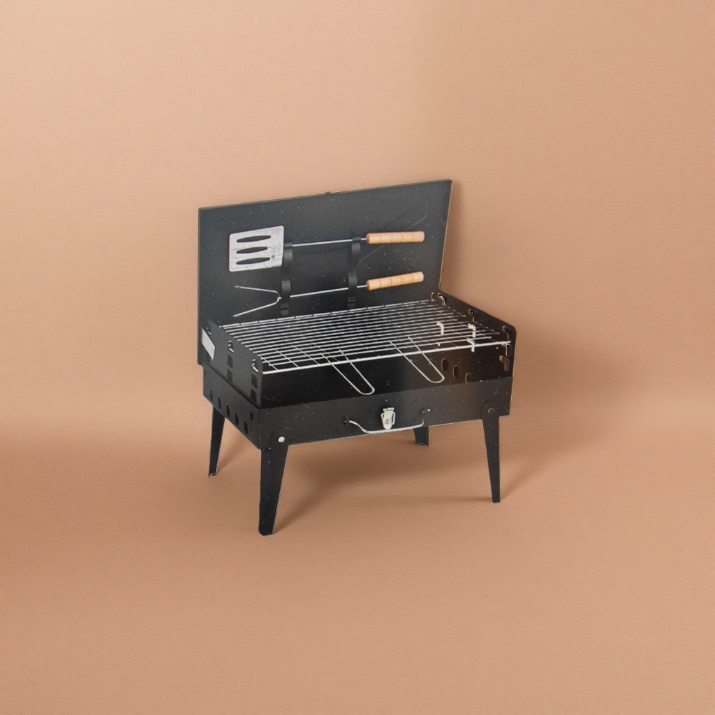 Black portable barbecue grill, outdoor camping folding grill, household charcoal grill