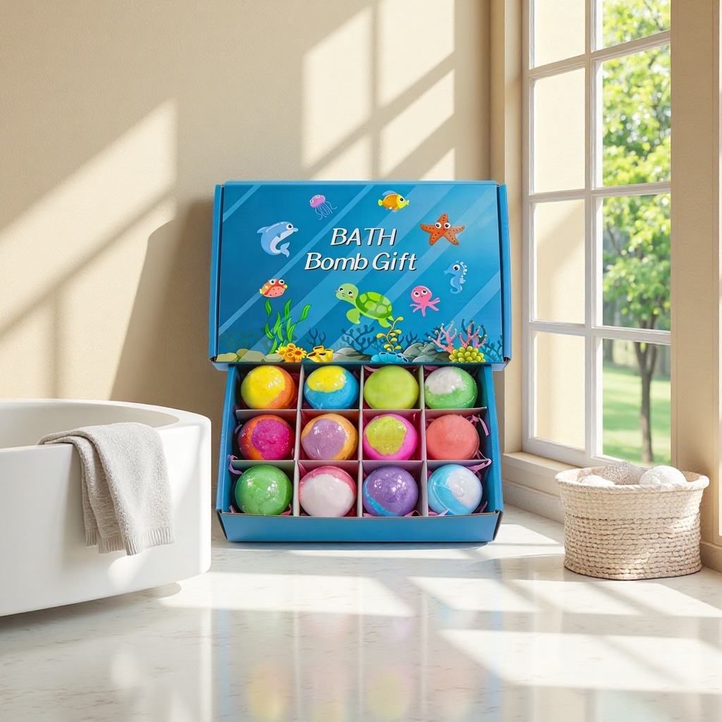 蓝色礼盒装彩色浴球礼物 十二颗分格圆形浴球 海底动物图案BATH Bomb Gift