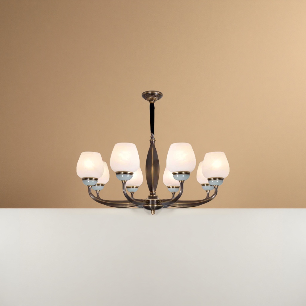 A bronze-colored chandelier with a milky white frosted glass lampshade and a light cyan base Application Scenario