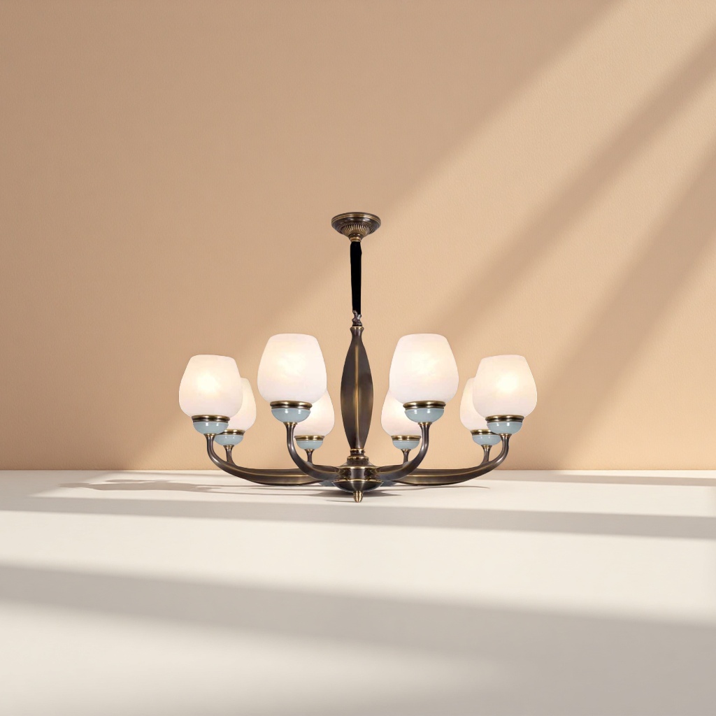 A bronze-colored chandelier with a milky white frosted glass lampshade and a light cyan base Specification image