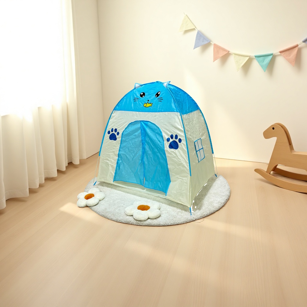 蓝色猫咪造型儿童帐篷 家用便携式游戏屋 小朋友户外露营帐篷