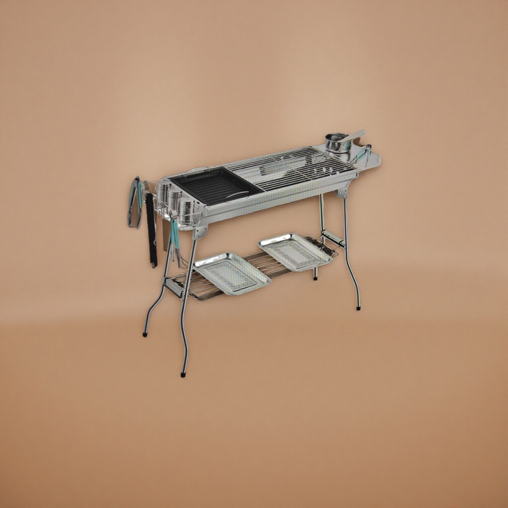 Silver stainless steel household barbecue grill, portable folding outdoor barbecue grill Application Scenario
