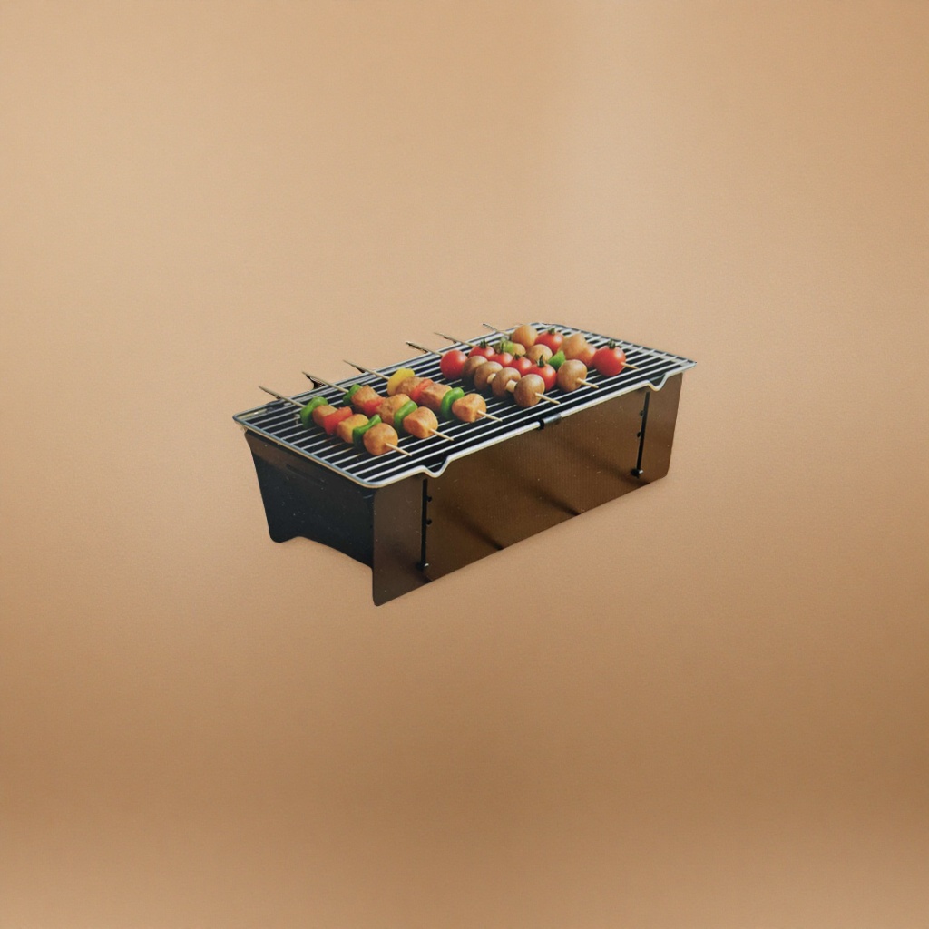 Black portable grill with skewer ingredients, home and outdoor barbecue set details Picture