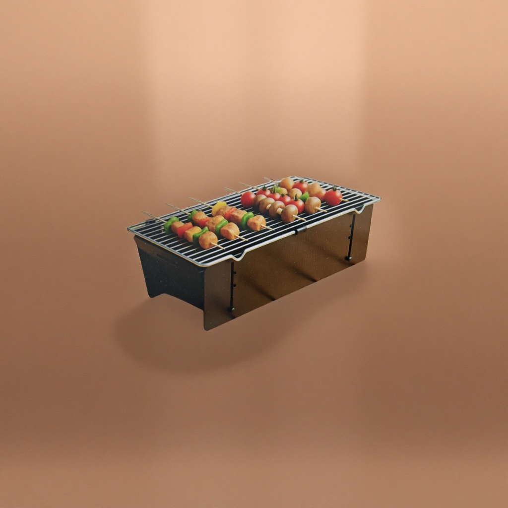 Black portable grill with skewer ingredients, home and outdoor barbecue set Application Scenario
