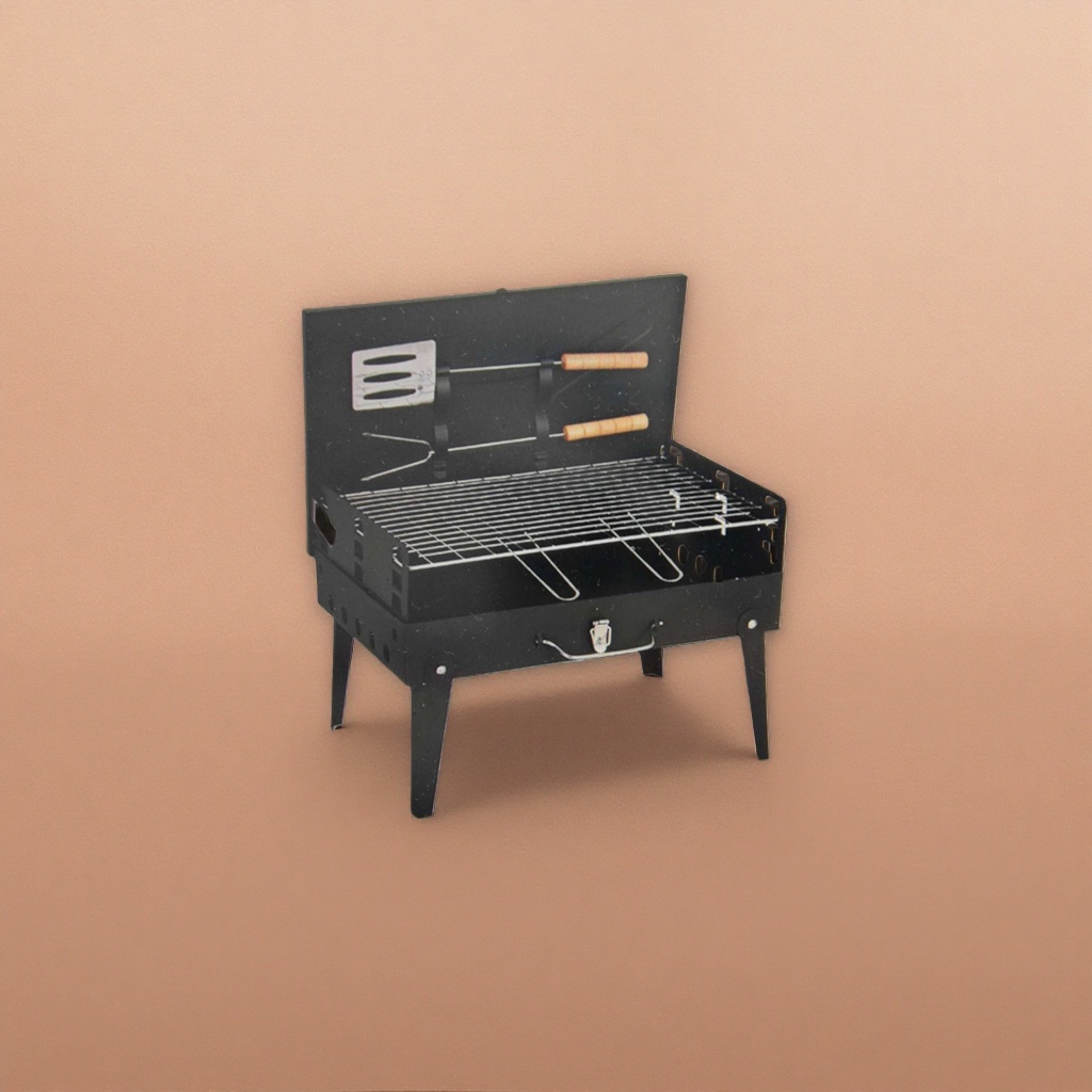 The black portable grill comes with a rack for grilling tools and four legs Application Scenario